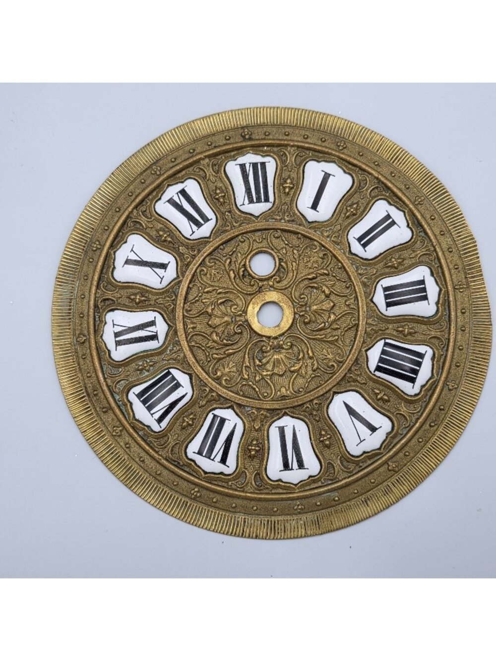 Brass Dial Face Plate Porcelain Numerals Antique Hanging Clock Detailed 6-5/8"